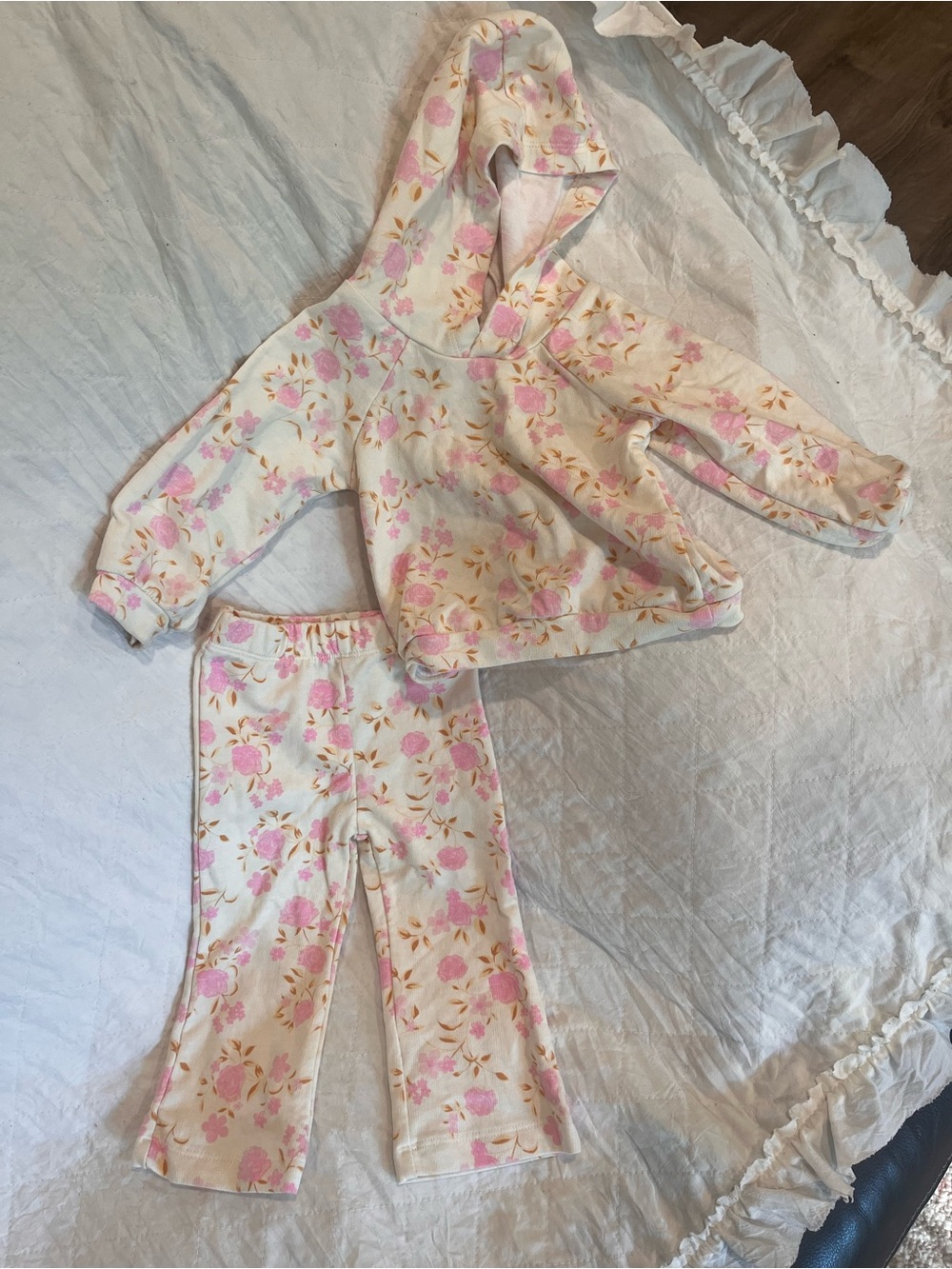 Nicole Miller Cream Hoodie Set with Pink Floral Print